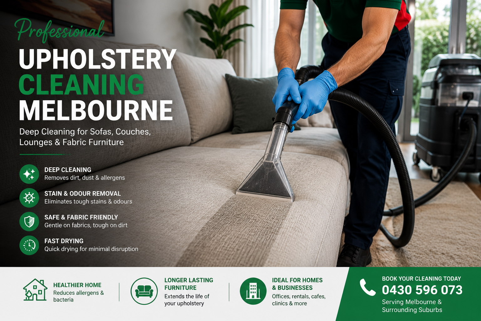 Professional upholstery cleaning Melbourne technician steam cleaning a fabric sofa in a modern living room